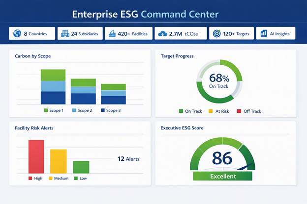 Enterprise ESG Command Center visual showing ESG KPIs, carbon reporting, target progress and AI insights